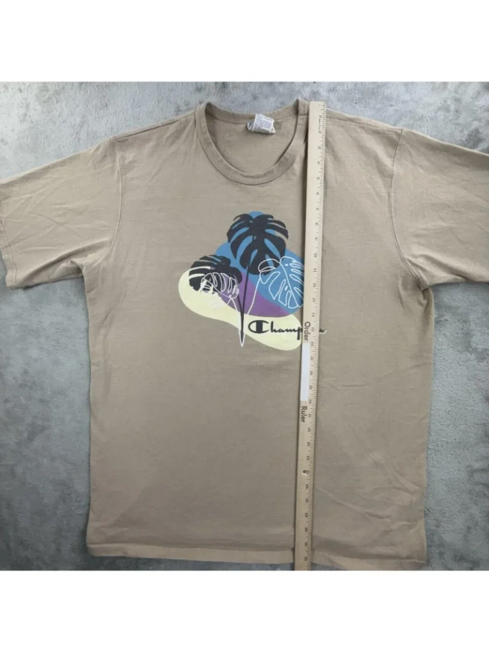 Vintage Champion Shirt Mens 2XL Beige Tropical Monstera Leaf Graphic Tee Logo - Picture 8 of 11